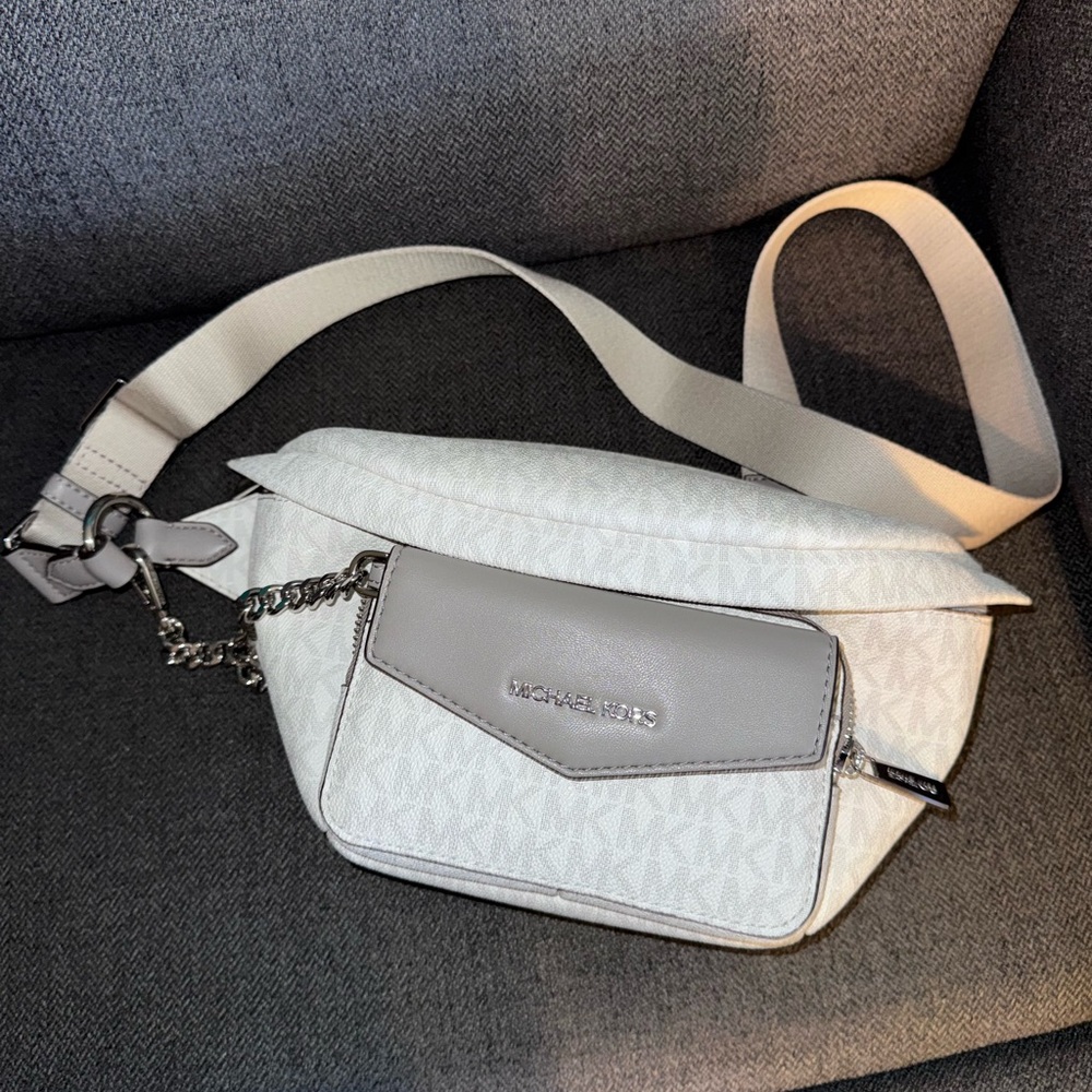 Michael Kors White and Light Gray Logo Crossbody Belt Bag